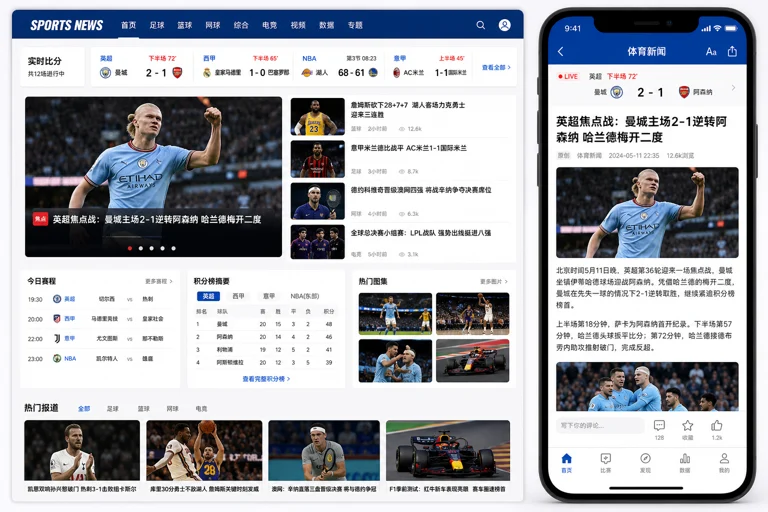 体育赛事新闻页面与手机端资讯浏览界面示意图