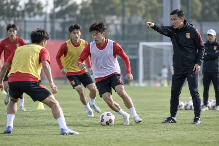 张耀坤在训练场指导U16国少球员，球队进行首次集训