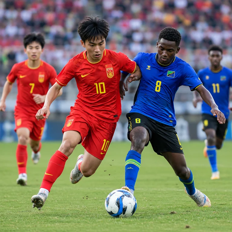 U17国足与坦桑尼亚U17比赛场景，年轻球员在场上拼抢，体育新闻摄影风格