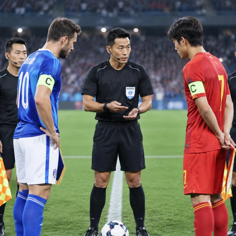 马宁执法韩国队对阵乌拉圭队赛前挑边仪式示意图